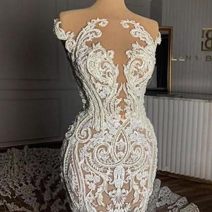 Vintage Full Lace Illusion Bridal Wedding Dresses..