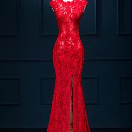P3412 Long Sexy Prom Dress, Red Lace Evening..