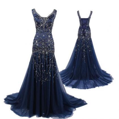 P3417 Charming Dark Blue Beading Prom Dress,sexy..