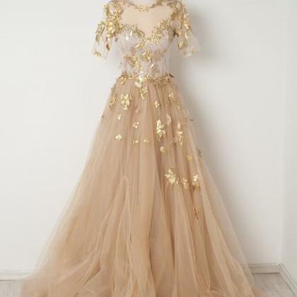 P3423 2021 Gold Appliques Champagne Tulle Prom..