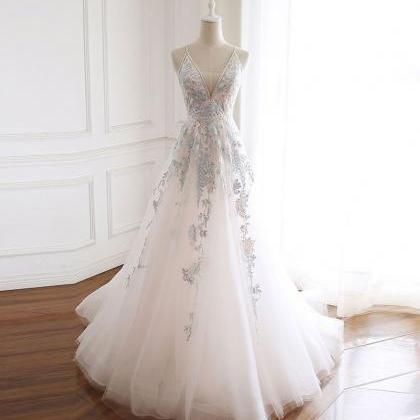 P3432 White V Neck Tulle Lace Long Prom Dress,..