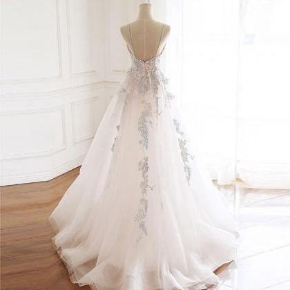 P3432 White V Neck Tulle Lace Long Prom Dress,..