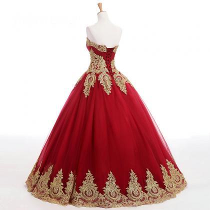 W3443 Burgundy Bridal Dresses With Gold Lace..