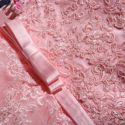 H3448 Off Shoulder Pink Lace Applique Bridesmaid..