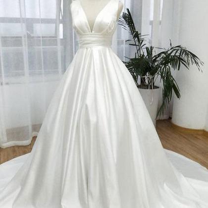 W3456 White Satin Long V Neck Prom Dress, White..