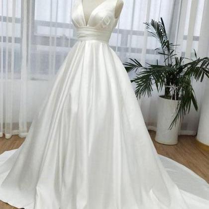 W3456 White Satin Long V Neck Prom Dress, White..