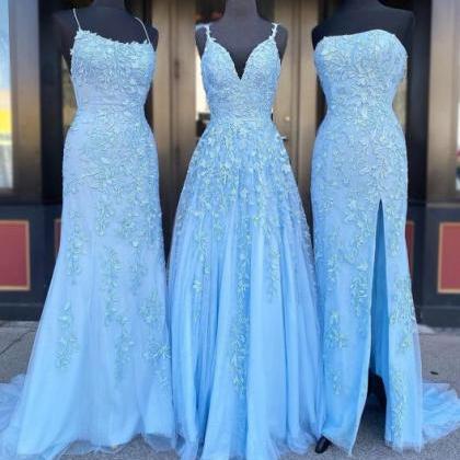 P3463 Blue Tulle Lace Customize Long Prom Dress,..