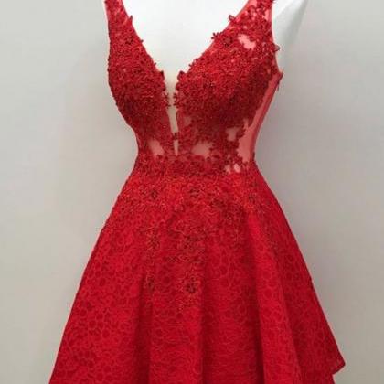 H3469 Simple Red Lace V Neck Short Halter Party..