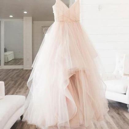 P3472 Blush Pink Tulle V Neck Long Prom Dress,..