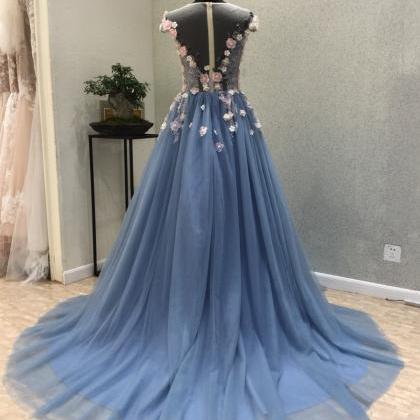P3473 Blue Tulle See Through Back Long 3d Lace..