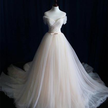 W3481 Simple Light Champagne Tulle Long Prom..