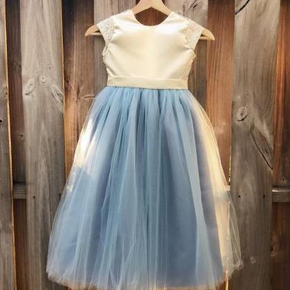 Fg3494 Dusty Blue Flower Girl Dress, Floor Length..