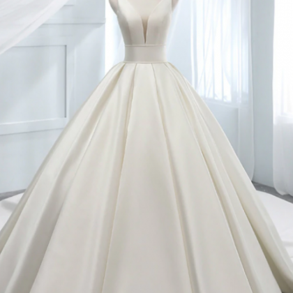 W3507 Elegant White Ball Gown Satin V-neck..