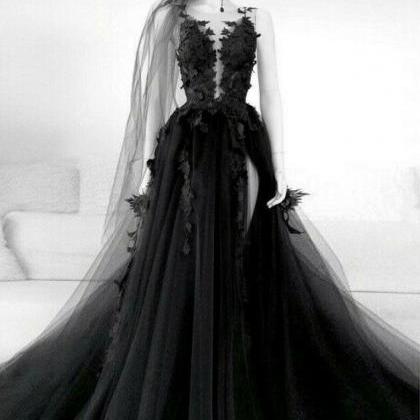 P3526 Black Tulle Lace Long Prom Dress Black Tulle..