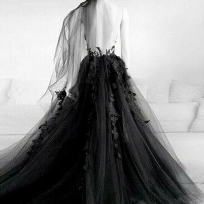 P3526 Black Tulle Lace Long Prom Dress Black Tulle..