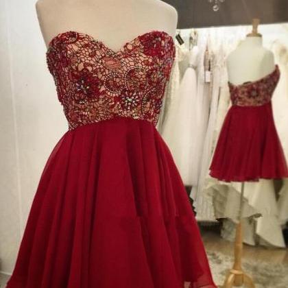 H3530 Empire Waist Prom Dress,red Lace Short Prom..