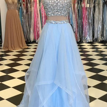 P3537 Tulle Light Blue Prom Dresses, Crystal..