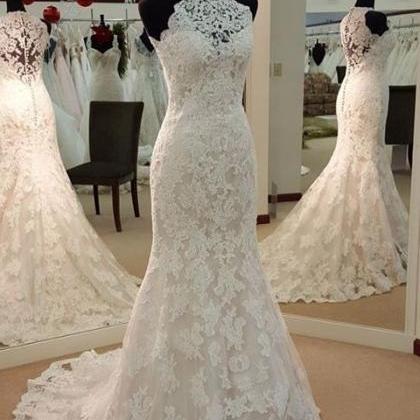W3541 Beaded Halter Mermaid Lace Wedding Dress,..
