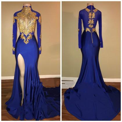P3564 Royal Blue And Gold Prom Dresses Long..