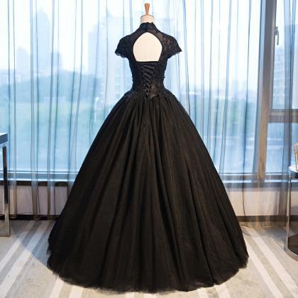 P3573 Vintage High Neck Black Wedding Dresses Cap..
