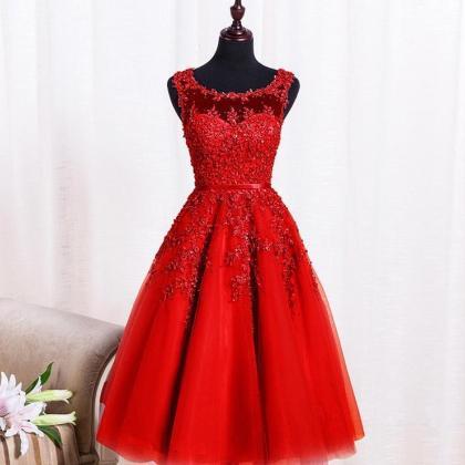 H3574 Red Beaded Lace Appliques Short Prom Dresses..