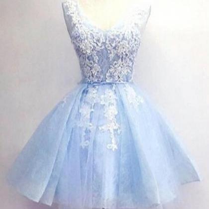 H3582 Light Blue Short Prom Dresses,v-neck Lace..