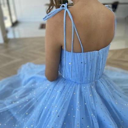 H3590 Blue Tulle Tea Length Prom Dress Blue..