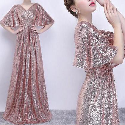 P3619 Rose Gold Sequins Long Prom Dress, Party..