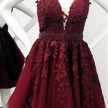 H3640 Cute Red Lace Appliques Homecoming Dresses V..
