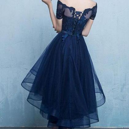 H3642 Dark Blue Lace Tulle Short Sleeve High Low..