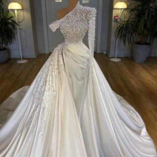 W3657 Satin Wedding Dresses Dubai Pearls Beads..
