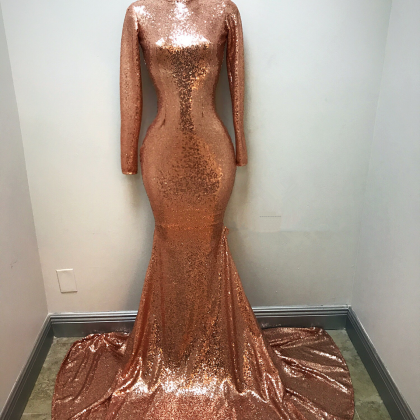 P3664 High Neck Rose Gold Sequin Prom Dress With..