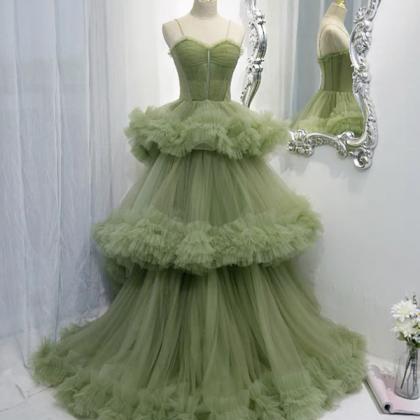 P3672 Green Tulle Long A Line Prom Dress Green..