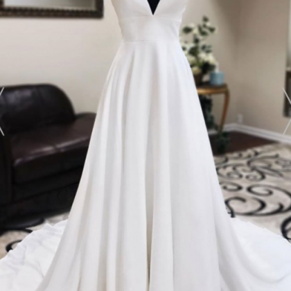 P3677 White Tulle V Neck Long Dress White Long..