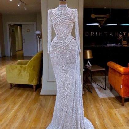 P3684 White Sequin Pageant Dress Evening Gown