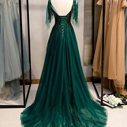 P3697 Emerald Green Spaghetti Straps Prom Dress..