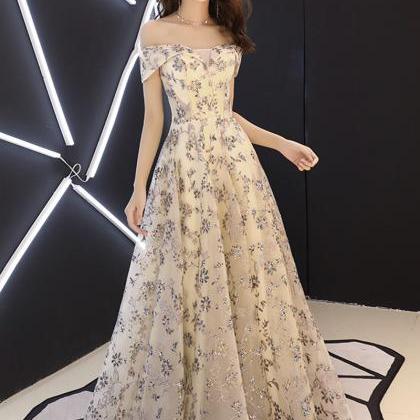 P3700 Champagne Tulle Sequins Long Prom Dress A..