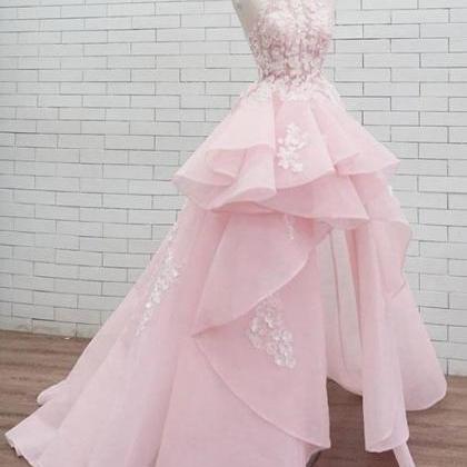 P3717 Pink Lace Prom Dresses 2022 High Low Tiered..