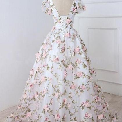 P3814 Ball Gown White V Neck 3d Flowers Long Prom..