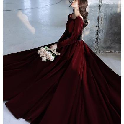 P3826 Elegant Wine Red Velvet Long Sleeves Formal..