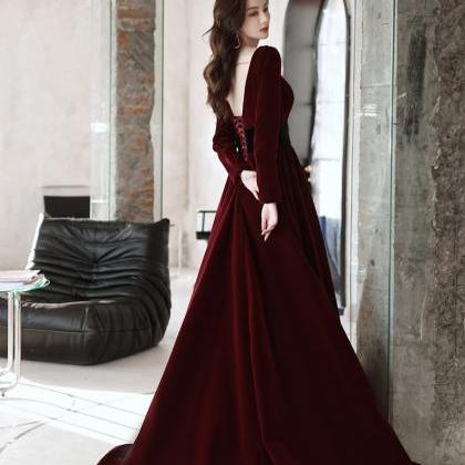 P3826 Elegant Wine Red Velvet Long Sleeves Formal..