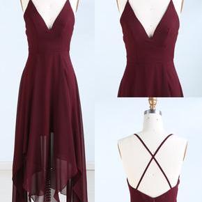 P3831 Maroon Straps V-neckline High Low Homecoming..