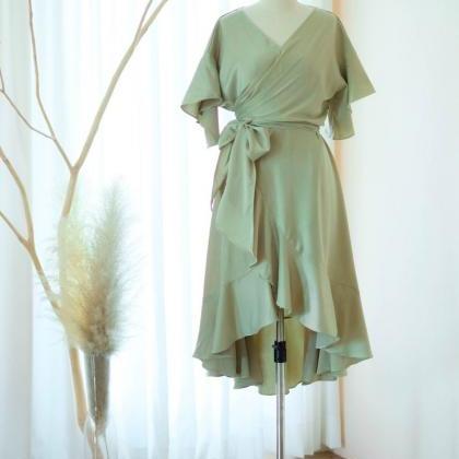 P3834 Green Satin Bridesmaid Dresses Pale Sage..