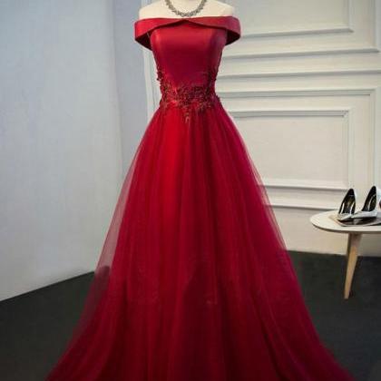 P3849 Red Satin And Tulle Off Shoulder Long Formal..