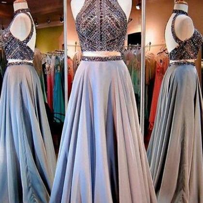 Two Pieces A-line Sparkle High Neck Beading Long..
