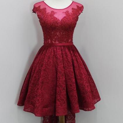 Wine Red Lace Prom Dresses, High Low Prom Dress,..