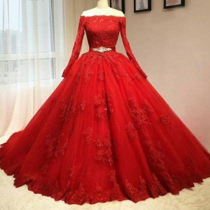 2017 Custom Made Red Lace Prom Dress, Long Sleeves..