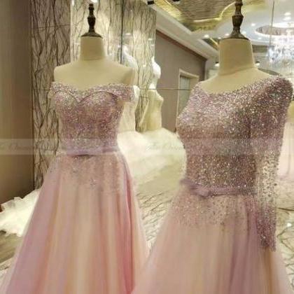 Luxury Crystal Beaded Long Sleeve Pink Prom..