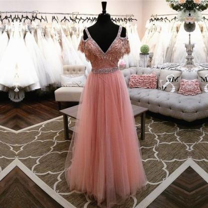 Elegant Off The Shoulder Long Tulle Pink Prom..
