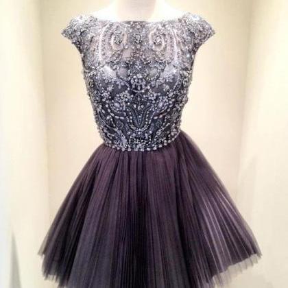 Short Dark Grey Bead Tulle Prom Dress Custom Dress..